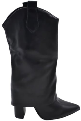 Stivale Donna a Punta Meta' Polpaccio Tacco Grosso 10 cm Modello Shark in Pelle Nera con Risvolto (40 EU)