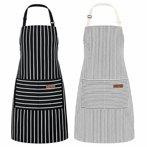 DASHUAIGE 2 Pack Cotton Blend Kitchen Aprons for Adults, Water Resistant Adjustable Chef Apron with Pockets for Cooking & Baking at Home