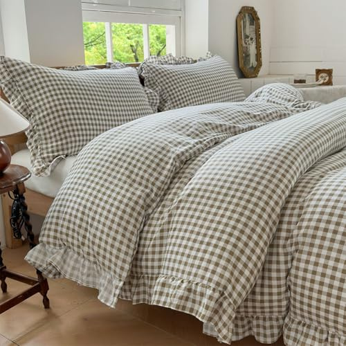 NSNLGSGC Tan Gingham Ruffle Duvet Cover Queen Size, 3 Pieces Taupe Soft Pre-Washed Microfiber Checked Plaid Comforter Cover Set, Vintage Farmhouse Bedding Set(Tan Gingham, Queen 90x90)