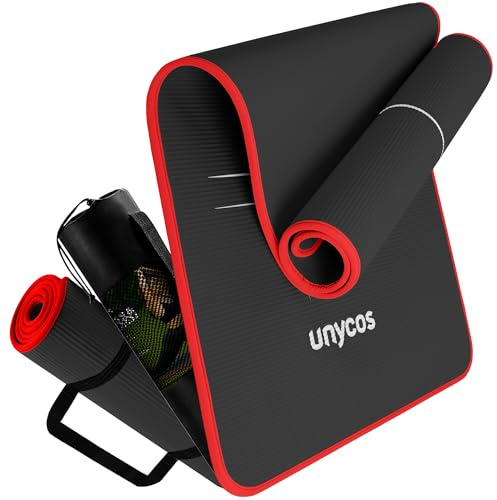 unycos - Esterilla NBR de Yoga, Pilates y Fitness【E-Book, Correa de Hombro y Bolsa】Colchoneta Antideslizante | 183x66x1 cm | Hipoalergénica y Ligera, Alta Densidad para Deporte en Casa (Negro/Rojo)