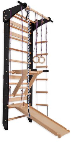 Sprossenwand Holz mit Rutsche & Schaukel - Indoor Klettergerüst für Kinder & Erwachsene - Turnwand mit Kletterbrett & Zubehör - Massiv bis 150kg (Schwarz)