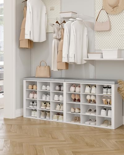 Hzuaneri Banc à Chaussures, Support à Chaussures avec Siège, Banc avec Rangement, Coussin, 24 Compartiments, pour Salon, Couloir, Chambre, 30 x 150 x 60 cm, Blanc-Gris Clair SB32403GY