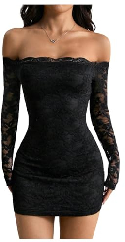 GORGLITTER Women's Off The Shoulder Sexy Lace Going Out Slimming Dress | Y2K Party Club Mini Dress, Sheer Long Sleeve Night Out Birthday Dresses