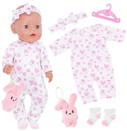 5 Pcs Baby Doll Clothes for 14-18 Inch Baby Dolls, Pink Bunny Doll Clothes with Rabbit Romper Pyjamas Bunny Doll Socks Headband Hanger for 35-45 cm New Doll, Sweet Doll Accessories Girls Birthday Gift