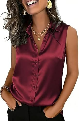 ABINGOO Canotta da Donna in Raso Senza Maniche Blusa Scollo a V con Bottoni Maglietta Tinta Unita Tops(Bordeaux,M)