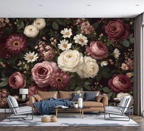 Papel tapiz fotográfico Rosas Margaritas Murales de dormitorio para niños Fondo de Vintage Barroco Pared Pintado Papel tapiz dormitorio de estar sala sofá mural- 250 x 175cm