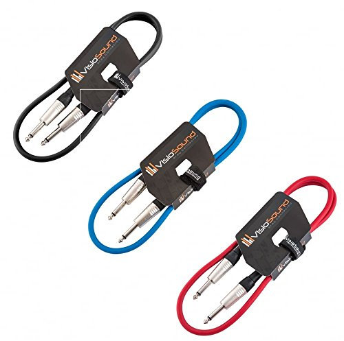 VisioSound 3 x Guitar Lead 6.35mm Mono Jack to Jack/Instrument Cable / 3 Colours / 3 Pack 1m Multi-Coloured