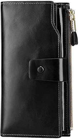 PARVENZA Portefeuille Femme RFID Blocage, Grande Capacité en Cuir Ciré, 21 Emplacements Cartes, Fermeture à Pression, Compatible Téléphone, Design Élégant et Sécurisé Noir