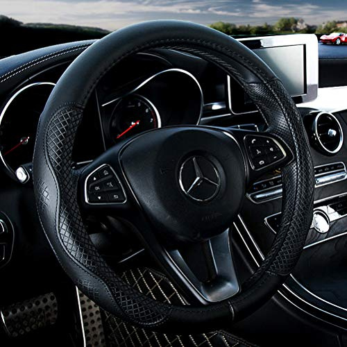 Red Rain Black Leather Steering Wheel Cover Cowhide Wheel Cover Genuine Leather BMW Steering Wheel Cover Universal Size M / 15inch Fit Car/Auto/SUV (A-Black-M)