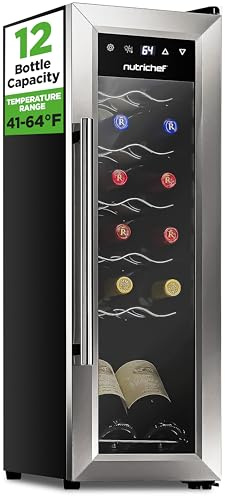 Nutrichef 12 Bottle Stainless Steel Slim Wine Fridge | Red & White Wine Chiller | Adjustable Temperature Control, Ultra Quiet Operation & Energy Efficient | Mini Wine Cooler Refrigerator | 31x10x17 IN