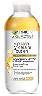 GARNIER Skin Active - Biphase Micellaire - Tout-en-1 - Nettoie, Démaquille & Apaise - Visage, Yeux, Lèvres - Enrichie En Micelles & Huiles - Vegan & Cruelty Free - Tous Types de Peaux - 400 ml
