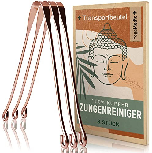 Zungenreiniger Kupfer 100% inkl. Baumwollbeutel - Handgefertigt - Verpackung 100% recycelt - Ayurveda Zungenschaber gegen Mundgeruch 3 Stück