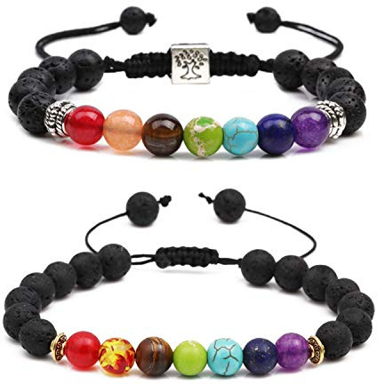 PHOGARY Pulsera de Cuentas de Lava, Pulsera Elástico Piedra Natural Cuentas de Yoga Pulsera Brazalet Chakra Piedra Natural | Sanación Reiki Yoga