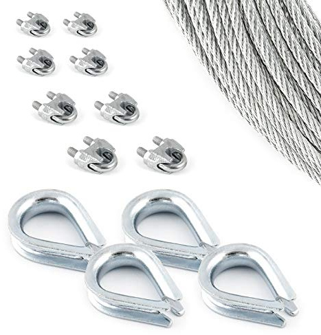 DQ-PP stålrep SET | 8 mm 6 x 19 mjuk | Förzinkad av stål | Byte 8 mm | Spänningslås kroköglor M5 | linsklämma bygel 8 mm | ledtråd för rankhjälpmedel rep stål tråd skogsrep vindrep spännlina 10m Set 7