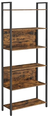 VASAGLE Bücherregal, Küchenregal, Standregal mit 6 offenen Regalebenen, Flur, Küche, Büro, stabiles Stahlgestell, Industrie-Design, 24 x 60 x 186 cm, vintagebraun-tintenschwarz LLS113B01