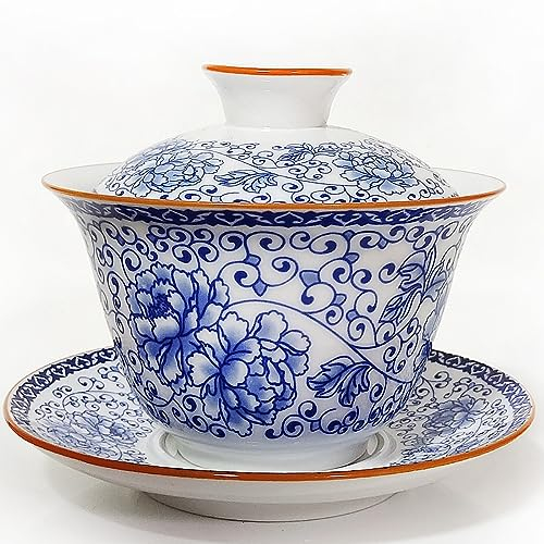 NIUKOMY Gaiwan 200ML, Chinesische Teetasse mit Deckel und Untertasse, Traditionelle Porzellan Kung Fu Teebecher, Pfingstrose