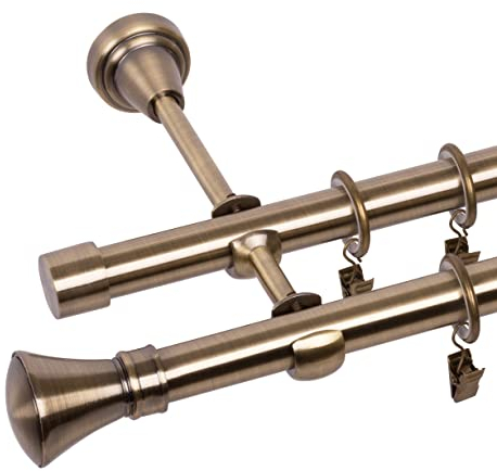 RENA Gardinenstange 19/19 mm Vorhangstange 2-läufig| Metall Elegante klassische Gardinenstange mit geräuscharmen Rollen | Inklusive Montagezubehörset | Antik Gold 140cm |Monako