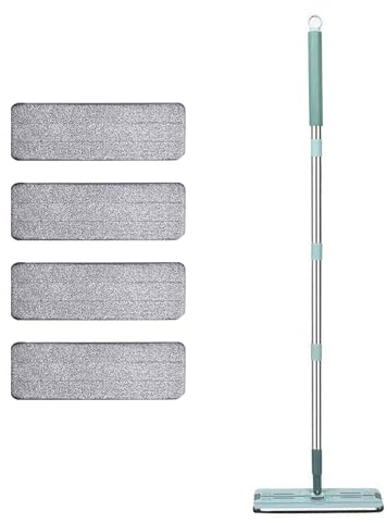Balai à poussière pour le nettoyage du sol - Balai plat sec et humide avec manche d'extension en acier inoxydable - 5 tampons réutilisables et lavables pour bois dur, carrelage, marbre.