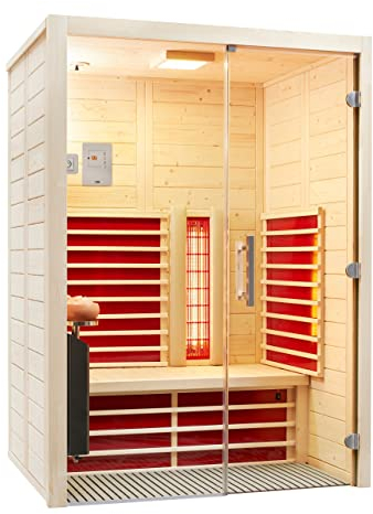 Infraworld Infrarotkabine TrioSol Natura 147 Glas Fichte 147x104 cm mit ABC-Strahler Salzverdampfer