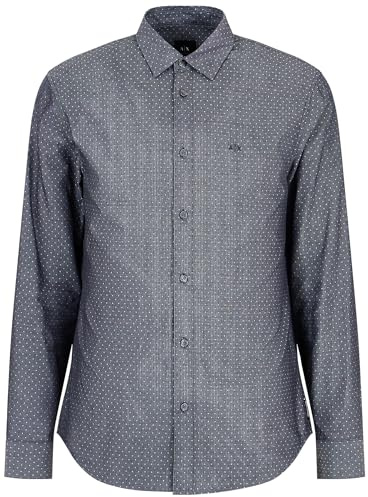 Armani Exchange Camiseta de Manga Larga para Hombre con Botones de micropuntos, Corte Regular, Color Azul Marino y Blanco, Talla XS, Puntos Blancos y Negros, XS