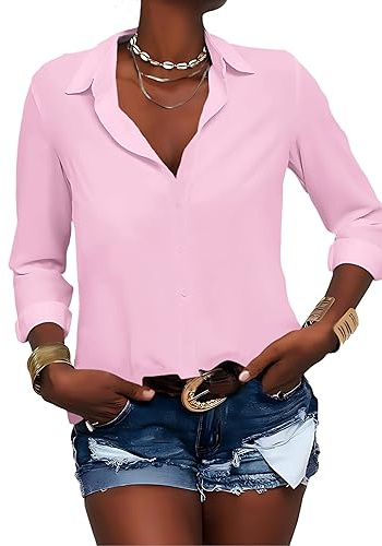 Zitiki Blusa de Mujer con Cuello en V, Camisa con Botones, Manga Larga, Gasa, Oficina, Informal, Tops de Negocios