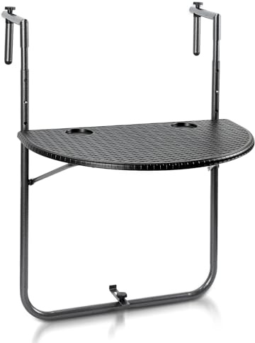 Daromigo Table de balcon pliable à suspendre - Table suspendue de balcon pliable avec 3 hauteurs réglables en hauteur - Résistante aux intempéries - Dimensions (l x P) : 62 x 40 cm - Aspect rotin noir