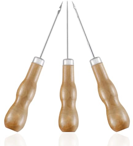 LYQNIHOB Hochwertige Ahlen mit Holzgriff, 3-teiliges Set für das Durchstechen von Leder, für DIY Lederhandwerk, Nähen und Reparatur, gebogenem Werkzeug und Lochstempel für präzises Arbeiten