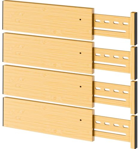 Ryqtop Bamboo Drawer Dividers 4 High, 12.8-18 Adjustable Drawer Organizers for Clothes,Expandable Dresser Separators in Bedroom/Kitchen/Bathroom/Office Organization and Storage,4 Pack