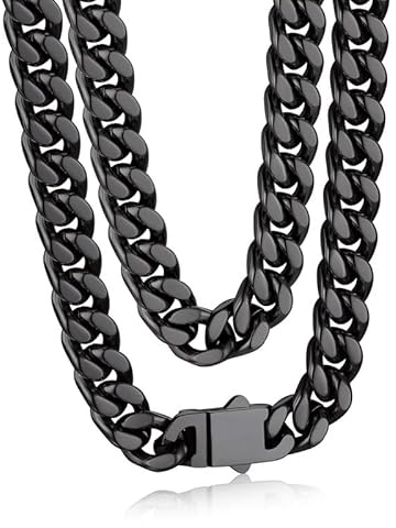 Bandmax 9MM Big Heavy Cuban Link Chain Necklace for Men - Black Shining 22Inch Rapper Biker Chain