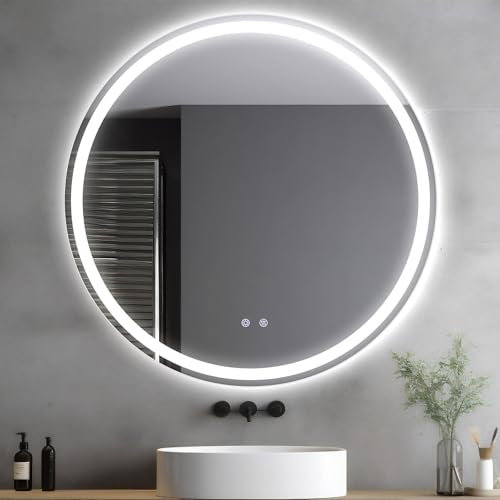 Clevich Specchio da bagno rotondo con illuminazione 80 cm, specchio rotondo con illuminazione, specchio da parete per bagno, 3 colori di luce, dimmerabile, con interruttore touch e disappannamento