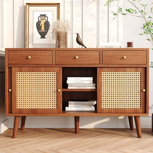 Merax Sideboard Kommode mit Schubladen und Schiebetüren, Weaved Rattan, Echtholzbeinen, verstellbare Ablagen, Nussbaumfarben, 120x40x78cm