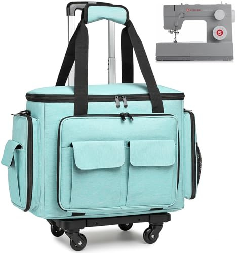 Sewing Machine Case with Wheels - Rolling Sewing Machine Tote with Removable Bottom Pad & Multiple Storage Pockets, Compatible with Singer & Brother (Teal)