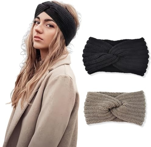 AWOGIPD 2 pcs Stirnband Mädchen, Stirnband Kinder Mädchen, Stirnband Damen Winter, Haarband Ohrenwärmer Elastische, Herbst Und Winter Vielseitig Stirnband Damen (Schwarz, Khaki)