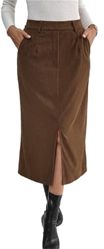 BTFONIA Faldas Tubo Midi de otoño para Mujer, Elegantes, Informales, para el Trabajo, la Oficina, de Cintura Alta, de Moda, de Invierno, de Pana, con Abertura(L)