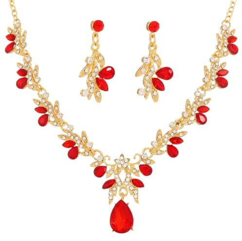 Sixexey Bridal Wedding Jewelry Set Gold Crystal Rhinestone Neck Jewelry Prom Costume Jewelry Necklace for Women (Red Crystal)