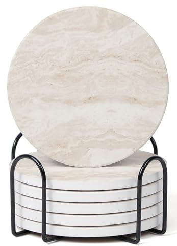 Hoomey Set of 6 Light Beige Abstract Onyx Marble Coasters with Holder, Absorbent Ceramic Drink Coasters for Table Protection, Coffee Table Decor