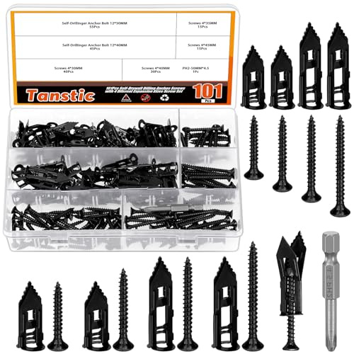 Tanstic 200Pcs Self Drilling Drywall Anchors with Screws, 4 Different Sizes Drywall Self Drilling Anchors Self-Drilling Anchors Steel Wall Anchor with Screwdriver Bit for Wall Hanging(Black)