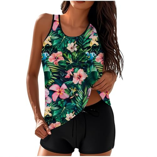 RLEHJN Maillot De Bain Femme 2 Pieces Pas Cher Tankinis Femmes Ensemble Femme Chic Et Elegant Maillot De Bain sans Manches Debardeur Et Short Beachwear pour Natation Surf Course Gymnastique