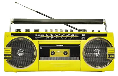 Radiocasete Retro, Reproductor de Casete inalámbrico portátil, Radio de 4 Bandas (AM/FM/SW-1-SW2) | Sonido estéreo | USB y SD | Estilo clásico de los 80 | para Fiestas y Viajes en Familia, Amarillo