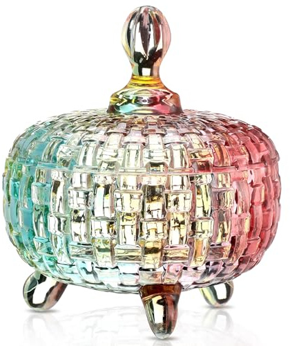 DoubleFill 26 oz Large Glass Candy Dish with Lids Christmas Crystal Candy Jar with Lid Halloween Decorative Covered Glass Jar Jewelry Box Wedding Buffet Biscuit Containers for Snacks(Bright,Medium)