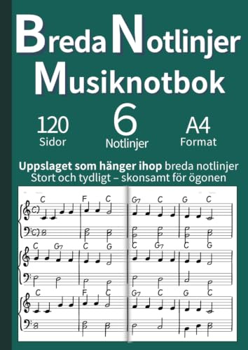 Breda Notlinjer Musiknotbok: Kontinuerliga Notlinjer över Dubbelsidan | Idealisk för Barn, Nybörjare & Seniorer | För Pianolektioner och Komposition | A4 (Grön)