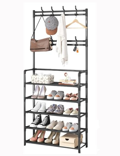 MAFAGE Porte-manteau avec étagère à chaussures, 8 crochets amovibles, design 2 en 1, étagère à chaussures à 5 niveaux, pour entrée, chambre, couloir, bureau, noir, 170 x 25 x 60 cm