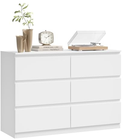 WOLTU Cómoda Cajonera Blanca de 6 Cajones, Cajonera Organizador de Estilo Moderno, Mueble de Almacenamiento para Dormitorio, Salón y Pasillo, 100x36x69 cm, Madera de Ingeniería, KMD007ws