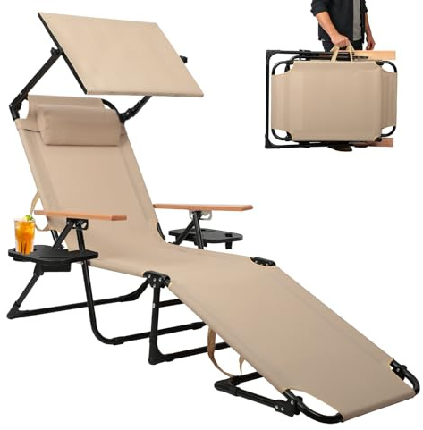 Chaise Longue Pliable avec Dossier Réglable à 4 Positions, Transat Bain de Soleil avec Accoudoirs en Bois, Bain Soleil pour Balcon Jardin Piscine et Plage, Charge Max 150 kg (Beige avec Pare Soleil)