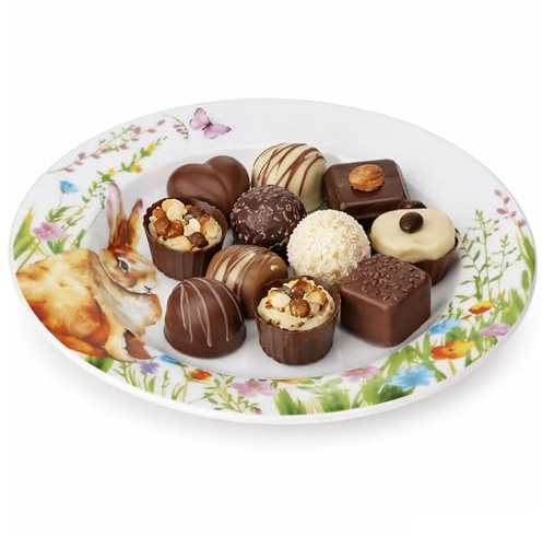 MamboCat Osterfreude - Piatto da portata in porcellana con coniglietti pasquali e prato floreale, piatto rotondo per biscotti, cioccolatini, muffin e cake pop, Pasqua