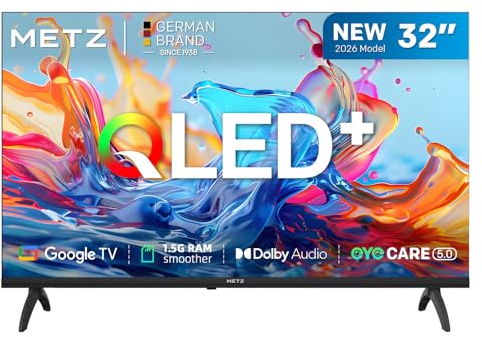 Metz TV 32 Pulgadas Smart TV, Televisor 32” QLED, HDR10, Dolby Audio, Chromecast Integrado, WiFi, Bluetooth 5.1, HDMI 2.1, DVB-T2/S2/C, Ci+, 32MQH7000Z (Modelo 2026)