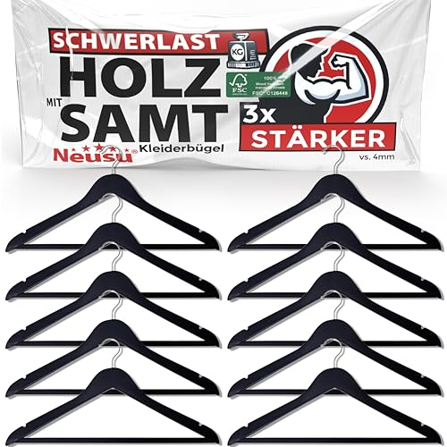 Neusu Stabile Kleiderbügel Holz mit Samt überzogen 45 cm, Schwarz - Schwerlastes 13mm Dickes Holz - Extra Starke Garderobenbügel im Hotel-Qualität - (10 Stück)