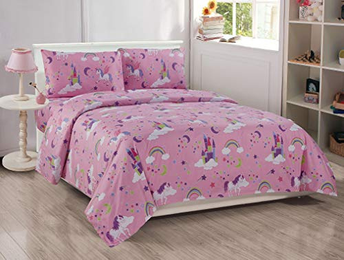 Kids Zone Home Linen 4pc Full Size Sheet Set Unicorn Castle Rainbow Stars Pink Purple Multi-Color for Girls/Teens New