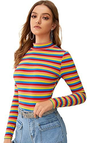 Floerns Women's High Neck Long Sleeve Slim Fit Stretch Striped T-Shirts, Multi-1, M