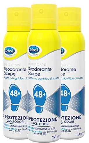 Scholl Pharma, Deodorante Spray per Scarpe con Tecnologia Attiva sul Controllo degli Odori, Elimina e Protegge dai Cattivi Odori per 48h, Adatto ad Ogni Tipo di Scarpa, 3 Flaconi da 150 ml
